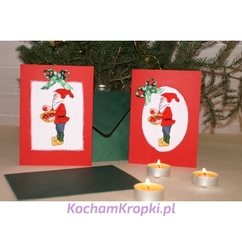 kartka świąteczna skrzat 1-boże narodzenie-kartka z życzeniami-kartka z kopertą-kartka haftowana-kartka z aplikacją-kocham