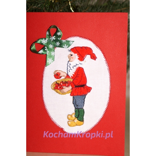 kartka świąteczna skrzat 1-boże narodzenie-kartka z życzeniami-kartka z kopertą-kartka haftowana-kartka z aplikacją-koch