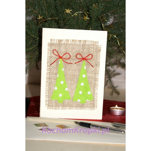 choinki w kropki-kartka świąteczna-boże narodzenie-vintage kartka z życzeniami-kartka z kopertą-kartka haftowana-kartka 
