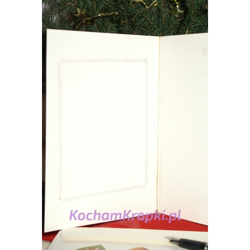choinki w kropki-kartka świąteczna-boże narodzenie-vintage kartka z życzeniami-kartka z kopertą-kartka haftowana-kartka z aplikacją-kocham