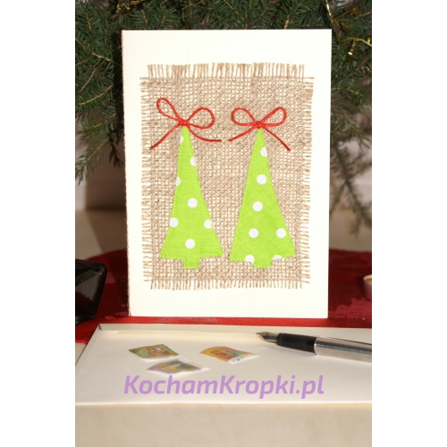 choinki w kropki-kartka świąteczna-boże narodzenie-vintage kartka z życzeniami-kartka z kopertą-kartka haftowana-kartka z aplikacją-kocham